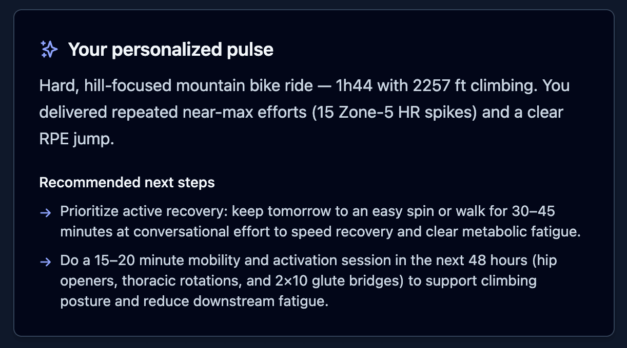 Personal activity pulse with summary, insights, and recommendations