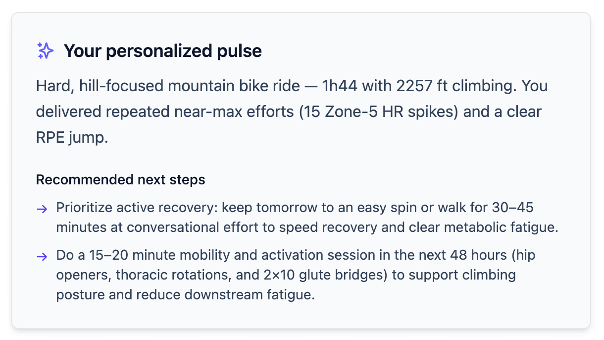 Personal activity pulse with summary, insights, and recommendations
