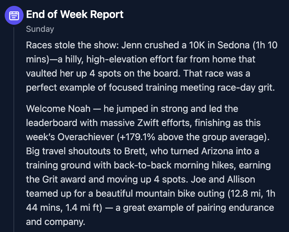 Weekly group pulse with superlatives and awards