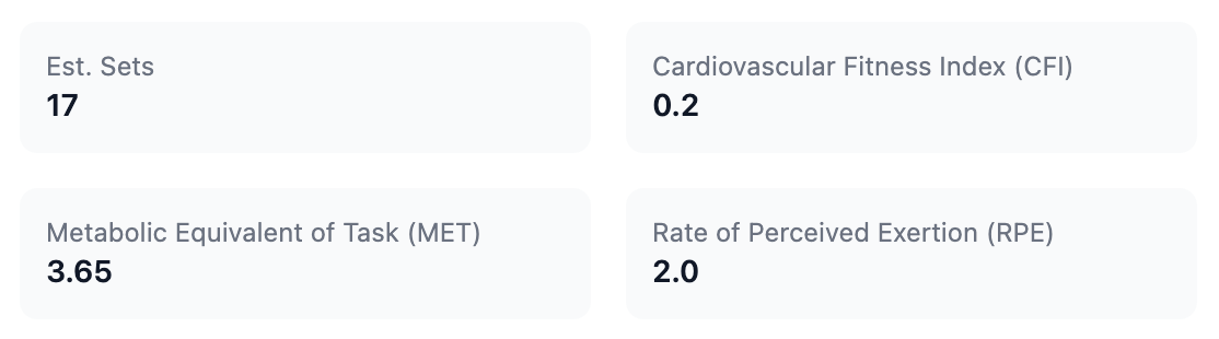Weight training metrics showing CFI, MET, and RPE